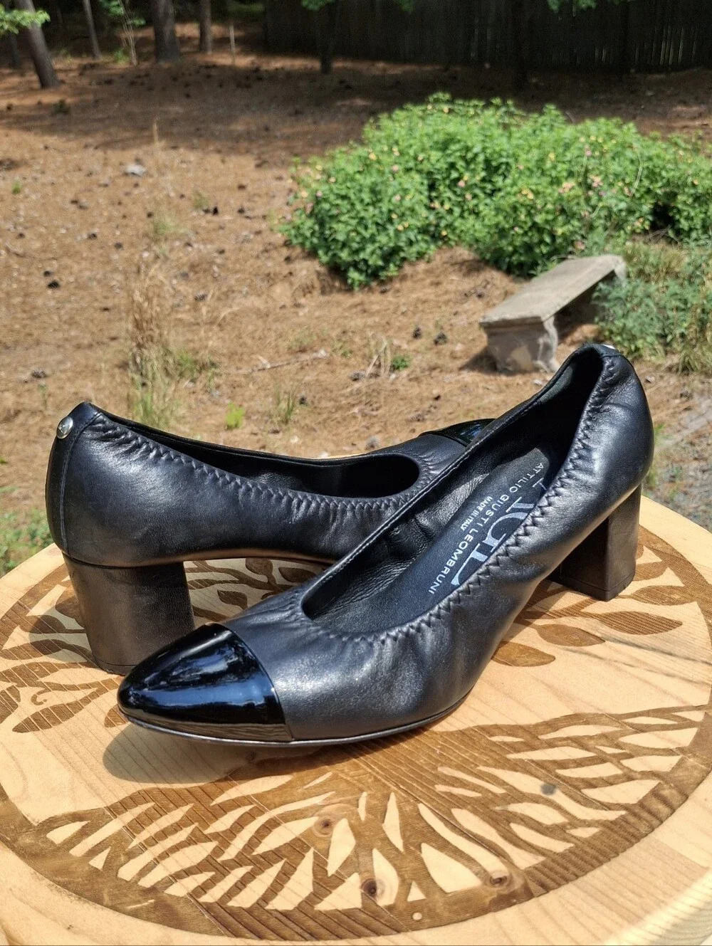 AGL Attilio Giusti Leombruni Classic Black Leather Cap Toe Block Heel Pumps 7.5